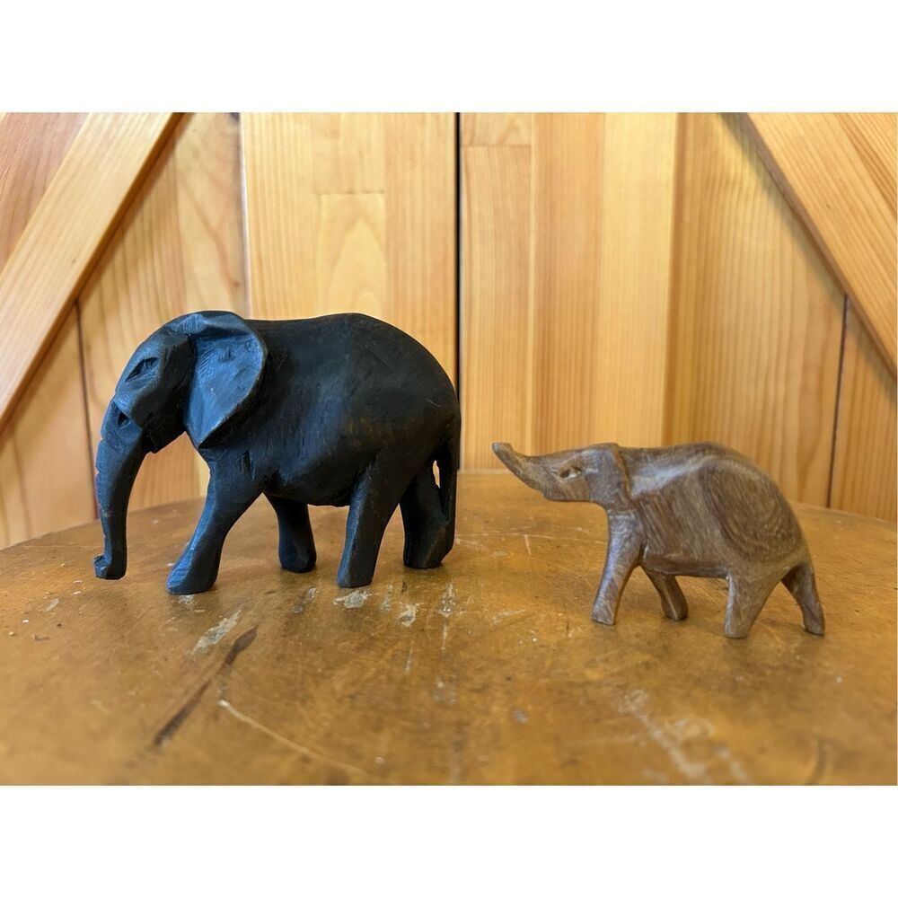 Set of 2 Vintage Hand Carved Wooden Elephant Figurines (8130)